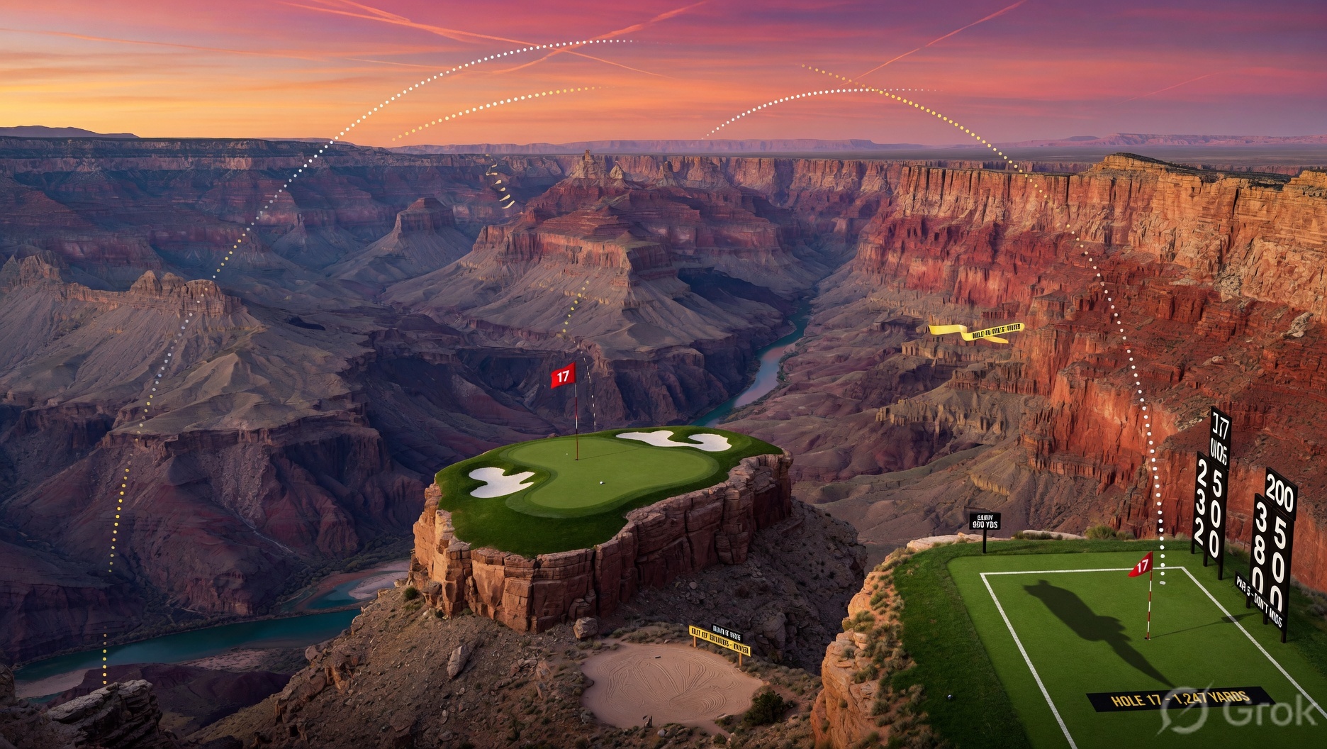 Cliff-top golf hole at sunset