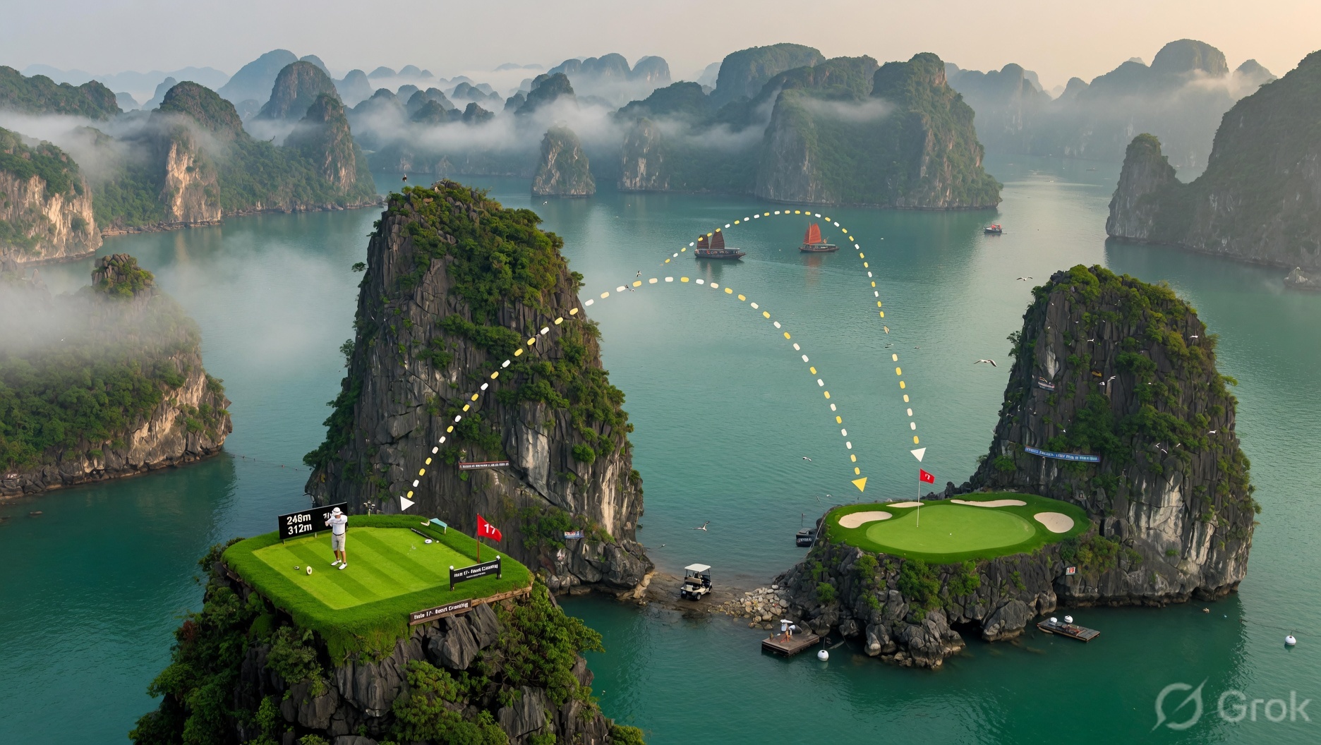 Island golf hole at dawn